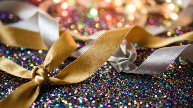 Golden and silver ribbon bows on multi-colored glittering background