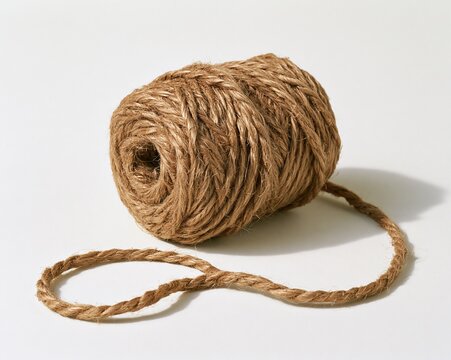 A spool of brown twine, tightly wound with a single strand hanging loosely at the end.
