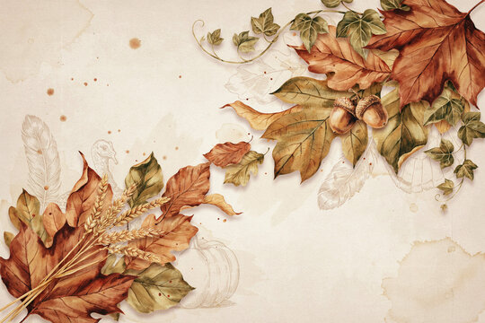 Artistic watercolor illustration of autumnal oak leaves and acorns on textured paper