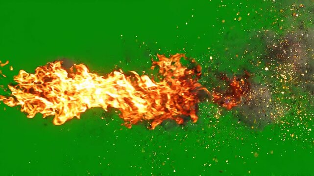Dynamic blazing fire stream with glowing embers on vibrant green screen background