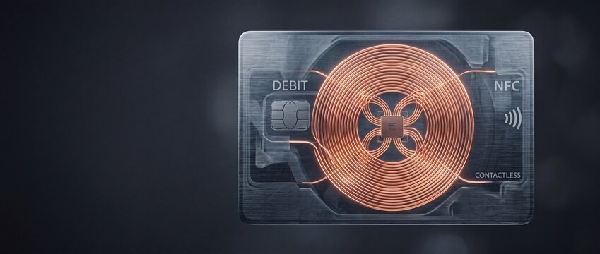 Transparent contactless debit card showing internal copper antenna coil and security chip technology for wireless payment systems.