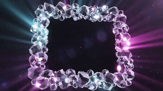 Rotating geometric crystal frame illuminated by vibrant fuchsia and teal light rays in space