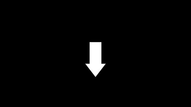 Animated white arrow pointing down bouncing on black background, minimalist downward motion indicator symbol, file download click direction pointer icon, UI UX design video motion graphic element.