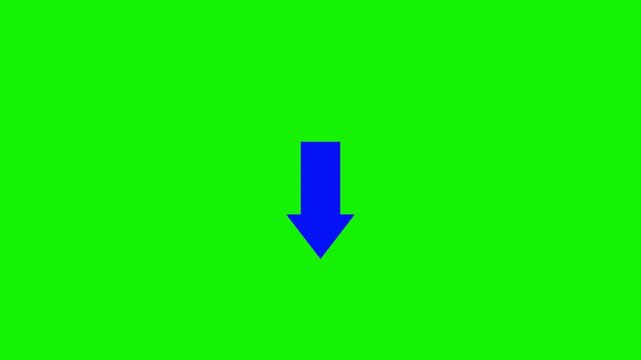 Animated blue arrow pointing down bouncing on green background, minimalist downward motion indicator symbol, file download click direction pointer icon, UI UX design video motion graphic element.