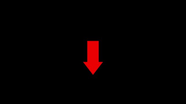 Animated red arrow pointing down bouncing on black background, minimalist downward motion indicator symbol, file download click direction pointer icon, UI UX design video motion graphic element.