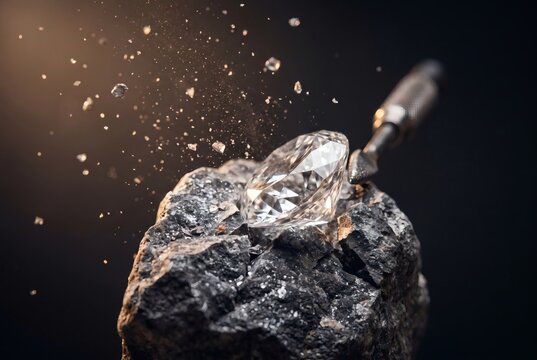 Brilliant cut diamond emerging from raw black rock with chisel tool and flying debris on dark background, hidden potential and precious discovery concept