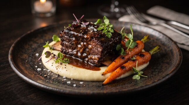 Braised beef short rib with glossy jus and silky potato pur&eacute;e in luxurious fine dining presentation.