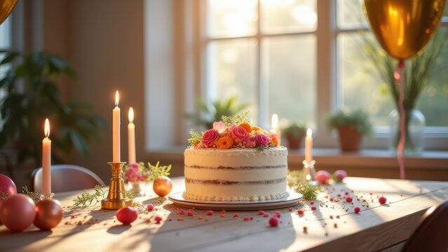 elegant birthday celebration setup on modern wooden table with layered cake balloons and flowers for copy space commercial use