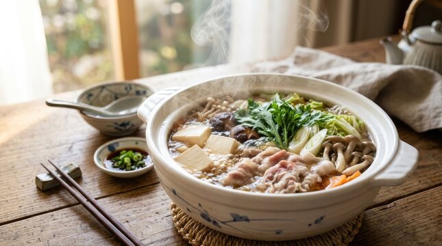 Steaming hot japanese nabe pot with meat and vegetables on wooden table