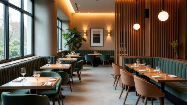 sophisticated modern upscale restaurant interior seating view for advertising bright ambient lighting empty space elegant dining design concept