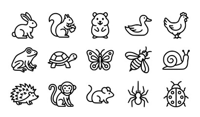 Fototapeta premium Cute Animal Line Icon Collection Featuring Rabbit, Hamster, Duck, Monkey, Snail and Garden Insects