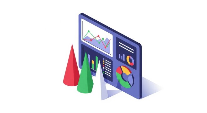 Isometric illustration of financial data analysis on a screen isolated on white background isolated on transparent background