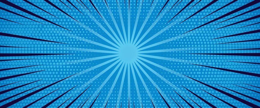 Comic book background with blue sunburst rays, pop art halftone texture, radial speed lines for superhero action and manga style motion