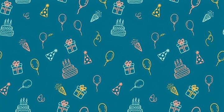 Hand drawn birthday seamless pattern, festive party celebration background with cake and balloons, teal blue wrapping paper texture with doodle icons