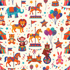 Fototapeta premium Circus Extravaganza: A vibrant and whimsical pattern featuring an array of classic circus elements like elephants, lions, tigers, bears, horses, monkeys, and more.