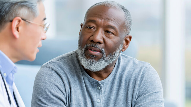 African American male patient in gray sweater engages in conversation with Asian male doctor in a modern healthcare setting with natural light