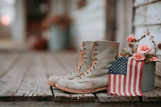 Vintage military-style boots placed on wooden floor next to a small metal container with pink flowers and an American flag draped over the side
