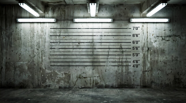 Empty police mugshot background with height chart on concrete wall