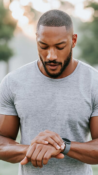 African American male wearing gray t-shirt checks smartwatch on wrist while standing outdoors in a natural setting with blurred greenery in the background