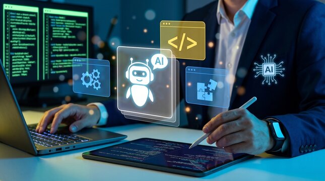 Professional programmer developing artificial intelligence software solutions using digital tablet and laptop computer interface displays with businessman working dark office