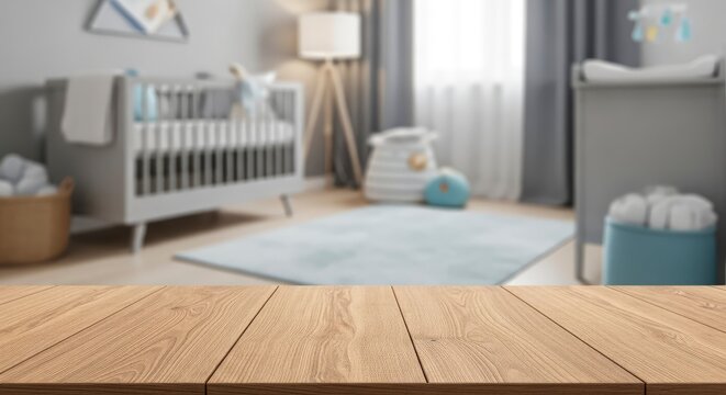 Empty wooden tabletop on blurred baby nursery interior background for product display mockup