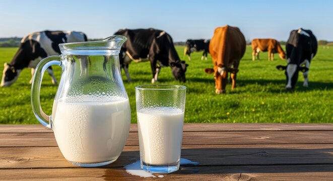 Fresh cold milk in a glass and pitcher on a rustic wooden table with grazing dairy cows in the background meadow