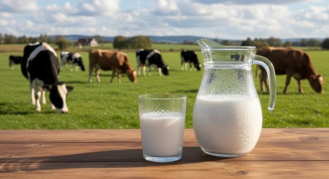 Fresh milk in a glass and pitcher on a wooden table with cows grazing in a green pasture background