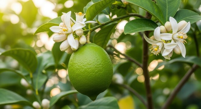 Green lime fruit growing on a branch with white citrus blossoms in a sunlit orchard
