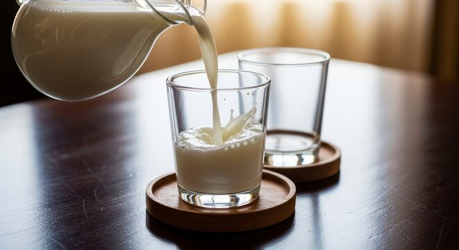 Fresh milk pouring from a glass pitcher into a glass on a wooden table with a splash effect