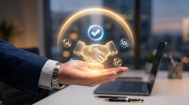 Business professional holding digital holographic handshake icon representing successful partnership agreement with businessman extending his