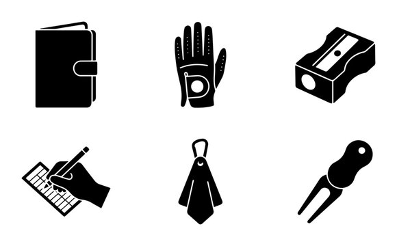 6 Golf accessories icons, notebook, glove, sharpener, scorecard, towel, divot tool, outline solid styles, UI and web interface design