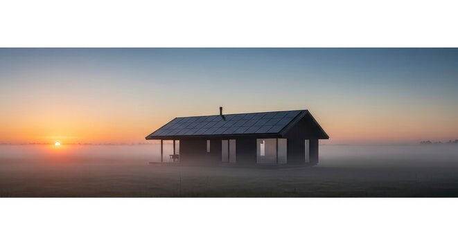 Modern Eco-Friendly House with Solar Panels in a Misty Landscape at Sunrise, Sustainable Living Concept
