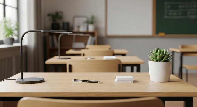 Modern Empty Classroom or Study Workspace with Wooden Desks, Lamp, and Succulent Plant