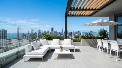 Fototapeta premium Modern rooftop patio with white furniture and city skyline view