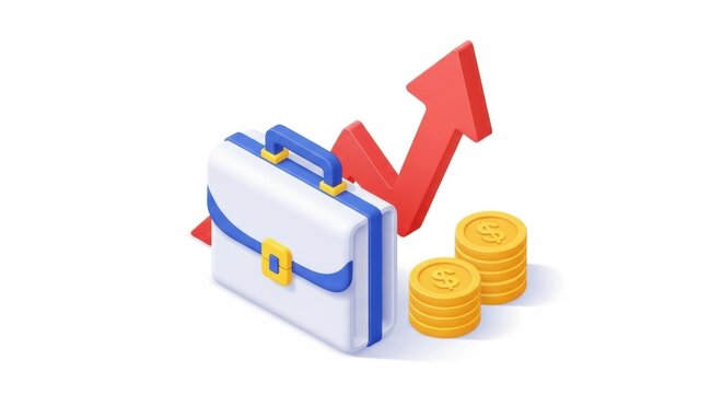 Briefcase with growing arrow and coins isolated on white background isolated on transparent background