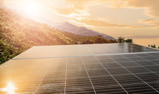 Close-up of solar panel surface texture with sunlight reflection renewable green energy concept