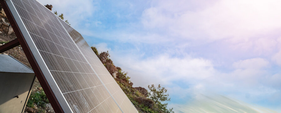 Close-up of solar panel surface texture with sunlight reflection renewable green energy concept