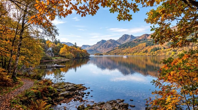 Stunning autumn view of Llyn Padarn lake in Snowdonia National Park, Wales, framed by golden yellow foliage, with the majestic mountains reflecting in the calm, clear water on a bright day.