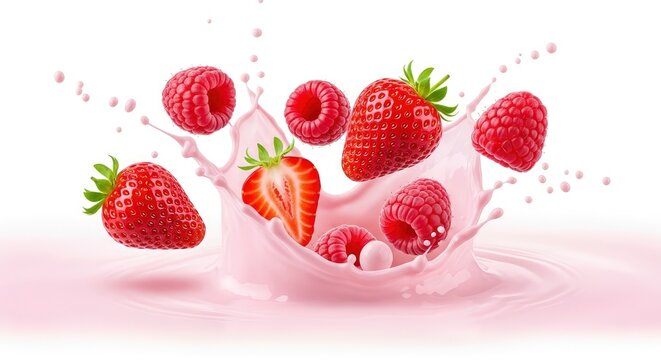 Fresh strawberries and raspberries splashing into pink yogurt or strawberry milkshake, isolated on white background
