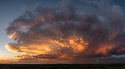 Fototapeta premium Dramatic sunset sky with vibrant golden and purple clouds hanging over a dark horizon at dusk
