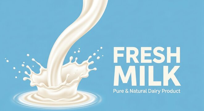 Fresh Milk Pour and Splash Illustration on Light Blue Background with Text for Dairy Product Promotion