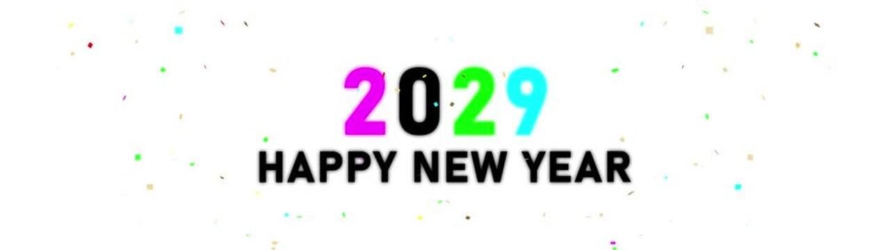 Happy New Year 2029 Celebration Banner with Colorful Confetti, Neon Gradient Numbers, Festive Typography, Holiday Greeting, Midnight Party, Modern Celebration Design