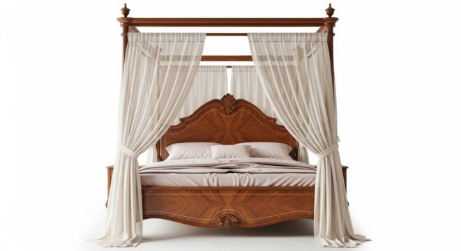 Ornate wooden canopy bed with draped curtains isolated on white background isolated on transparent background