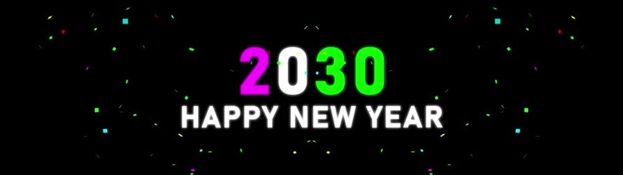 Happy New Year 2030 Celebration Banner with Colorful Confetti, Neon Gradient Numbers, Festive Typography, Holiday Greeting, Midnight Party, Modern Celebration Design