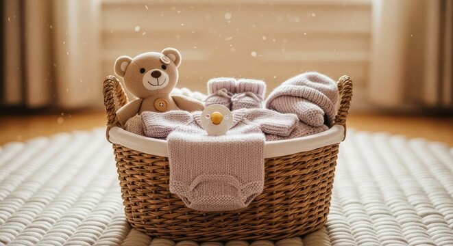 Cozy wicker baby gift basket with knitted newborn clothes, teddy bear, booties, and pacifier in a warm nursery interior