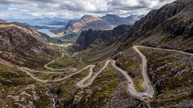 Stunning aerial view of the winding Trollstigen mountain pass road, featuring dramatic hairpin bends carved into the steep rugged landscape of the Norwegian fjords on a cloudy day