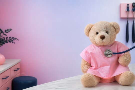 Teddy bear doctor in pastel pediatric clinic concept