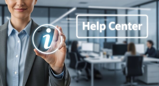 A woman touching a virtual help center icon, representing customer service and support.
