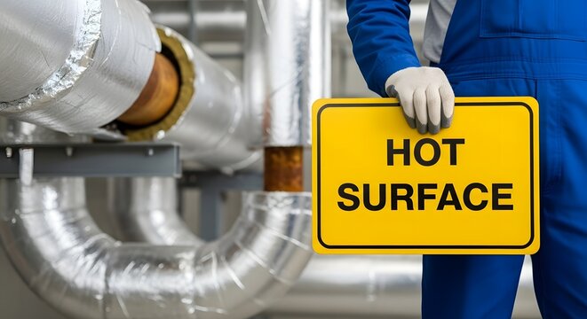 A worker holding a hot surface warning sign near insulated pipes in an industrial setting, emphasizing safety and industrial awareness.