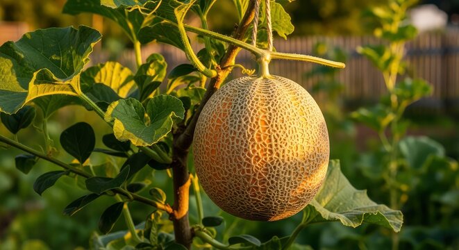 Ripe Organic Cantaloupe Melon Growing on a Vine in a Sunny Backyard Garden